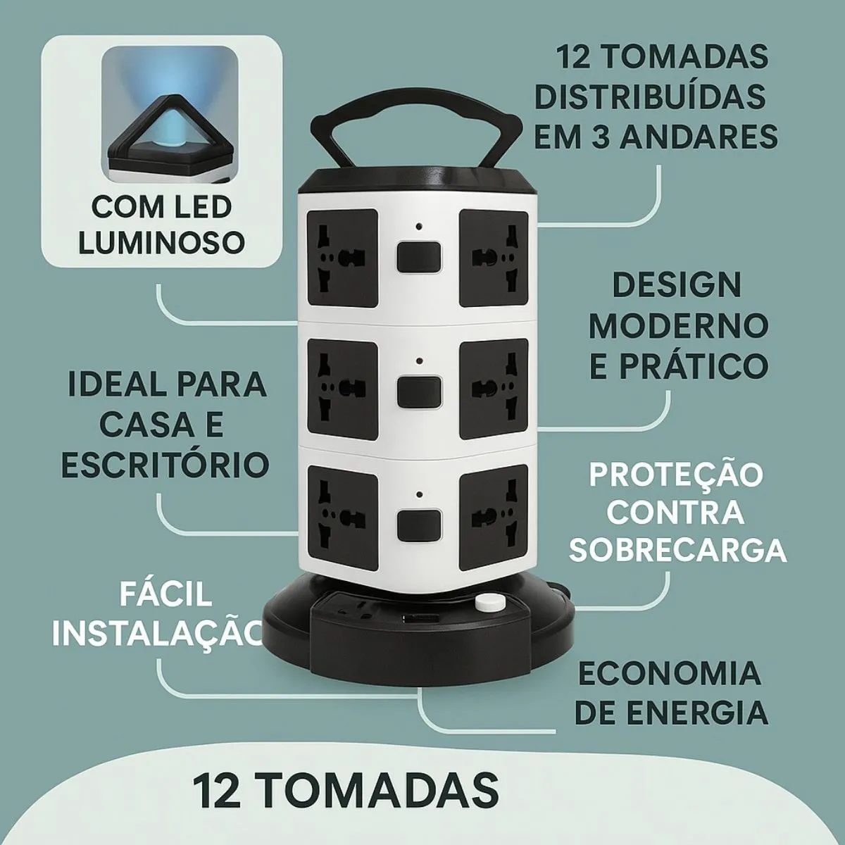 Torre de Tomadas 12 Tomadas + 2USB - Imagem 5