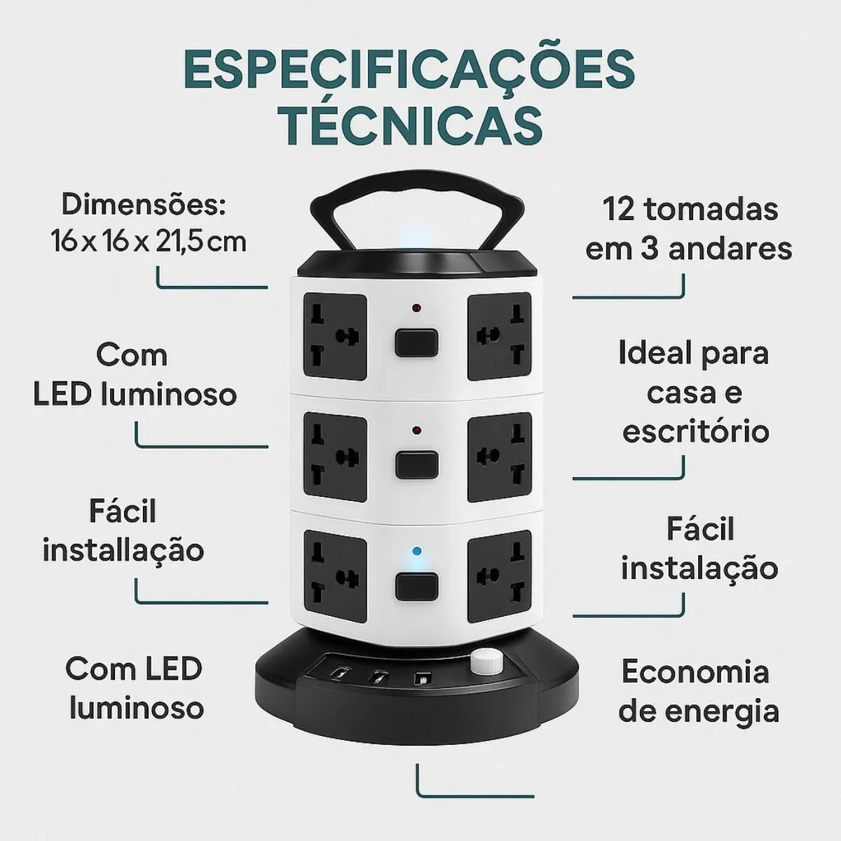 Torre de Tomadas 12 Tomadas + 2USB - Imagem 4