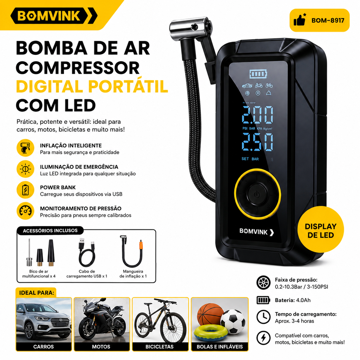 Compressor De Ar Bomvink Digital c/Power Bank e Led Bom-8917 - Imagem 4