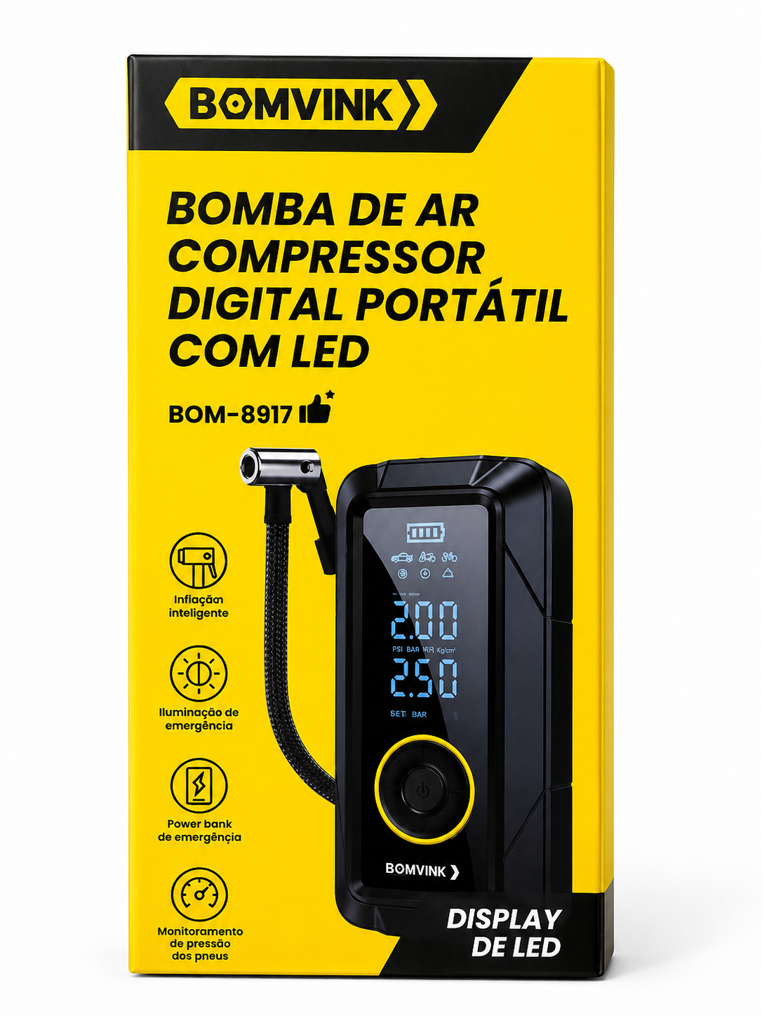 Compressor De Ar Bomvink Digital c/Power Bank e Led Bom-8917 - Imagem 2