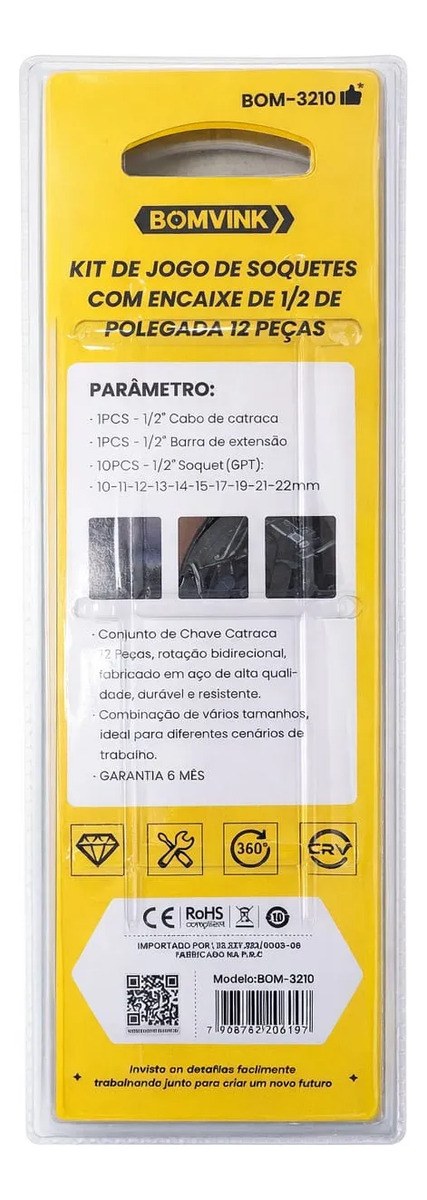 Chave Catraca Reversível 1/2" Soquete Sextavado 10-22mm 12 peças BOM-3210 - Imagem 2