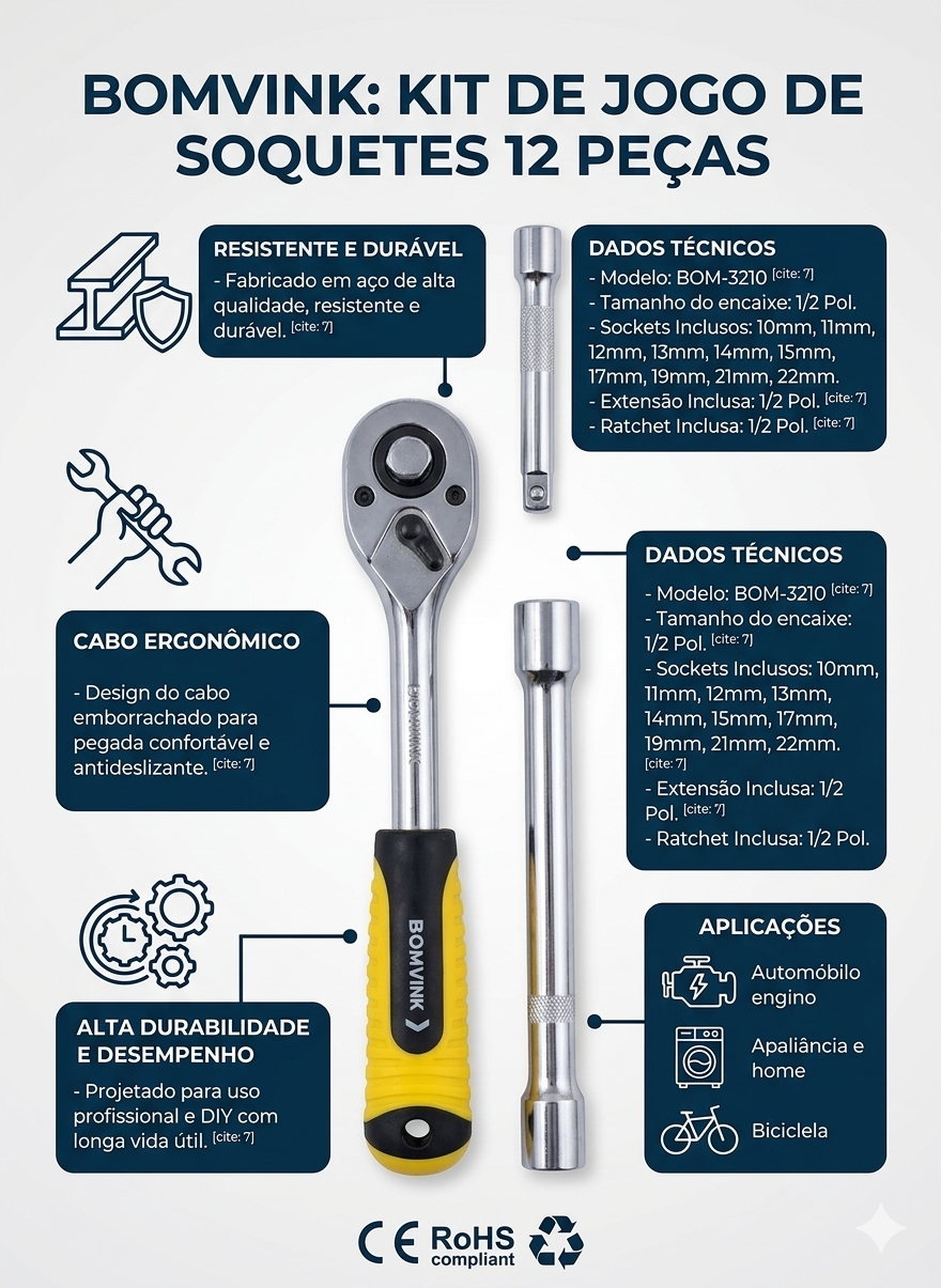 Chave Catraca Reversível 1/2" Soquete Sextavado 10-22mm 12 peças BOM-3210 - Imagem 3