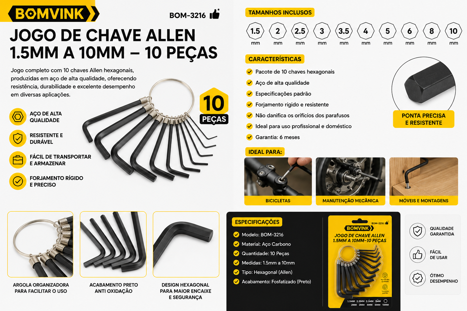 Jogo Chave Allen 1,5-10mm 10 Pçs Bomvink Bom-3216 - Imagem 2