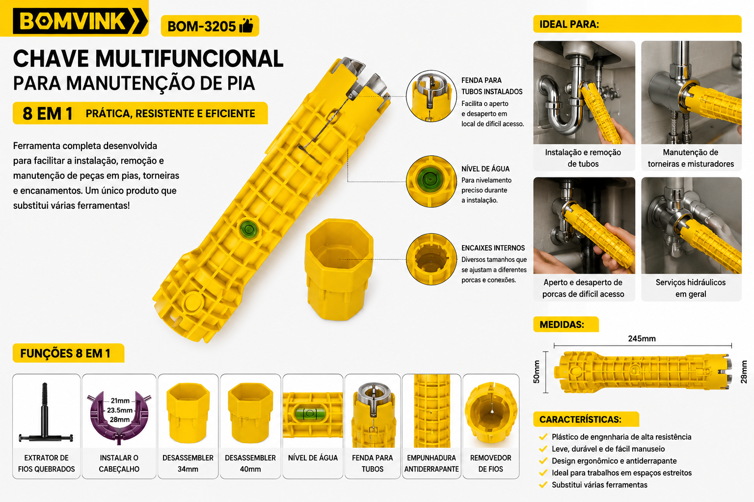 Chave Hidráulica Instalação De Pia Multifuncional 8 Em 1 - Imagem 3