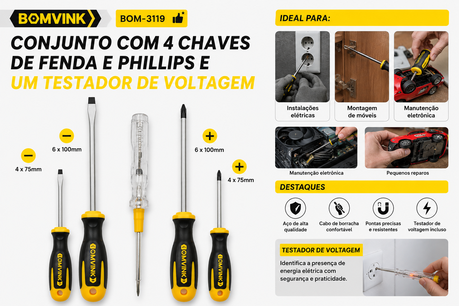 Kit Chaves De Fenda E Phillips Com Testador Voltagem 5 Peças - Imagem 2