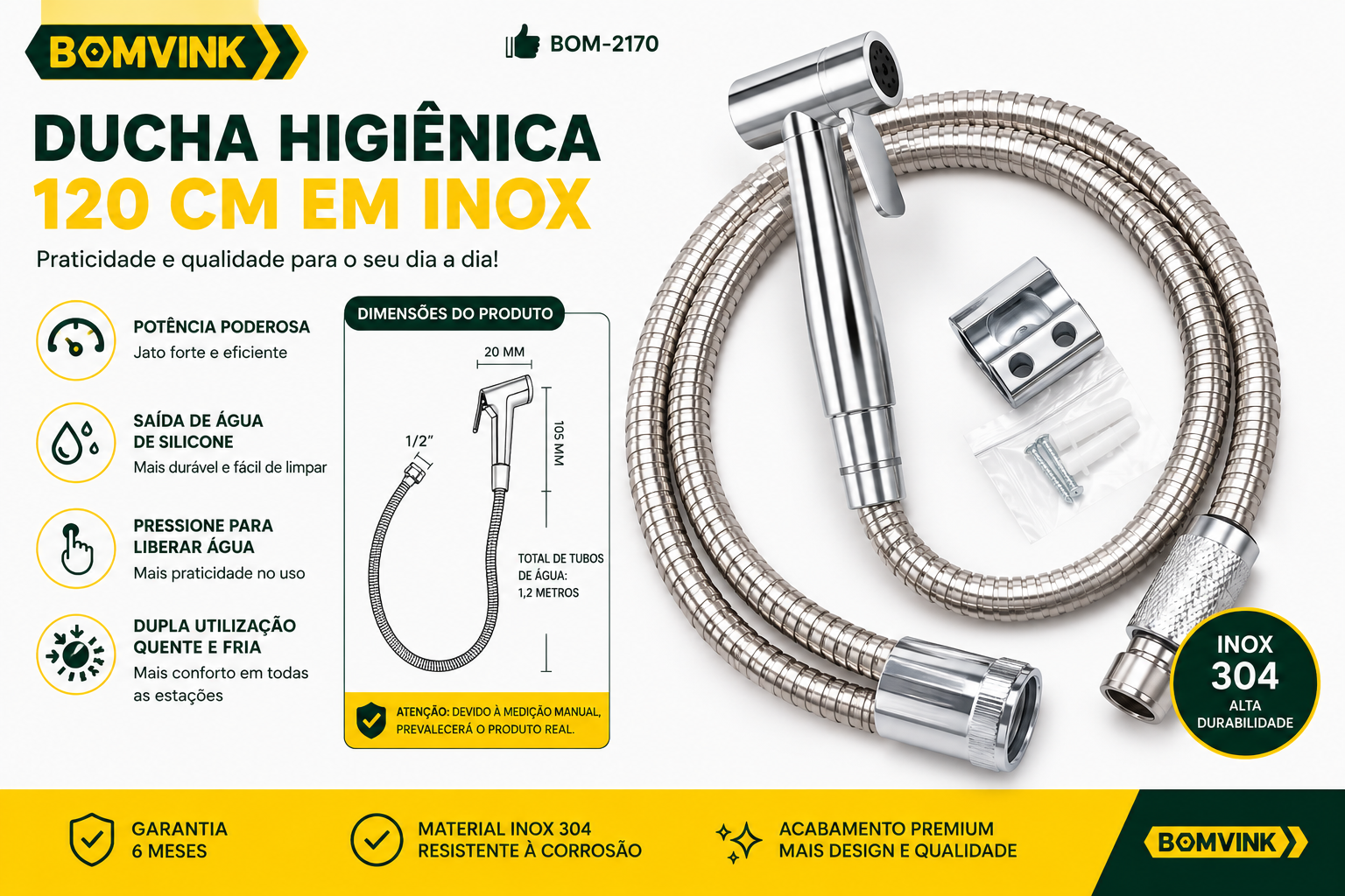 Ducha Higiênica Banheiro 120cm Em Inox Bomvink Bom-2170 - Imagem 2