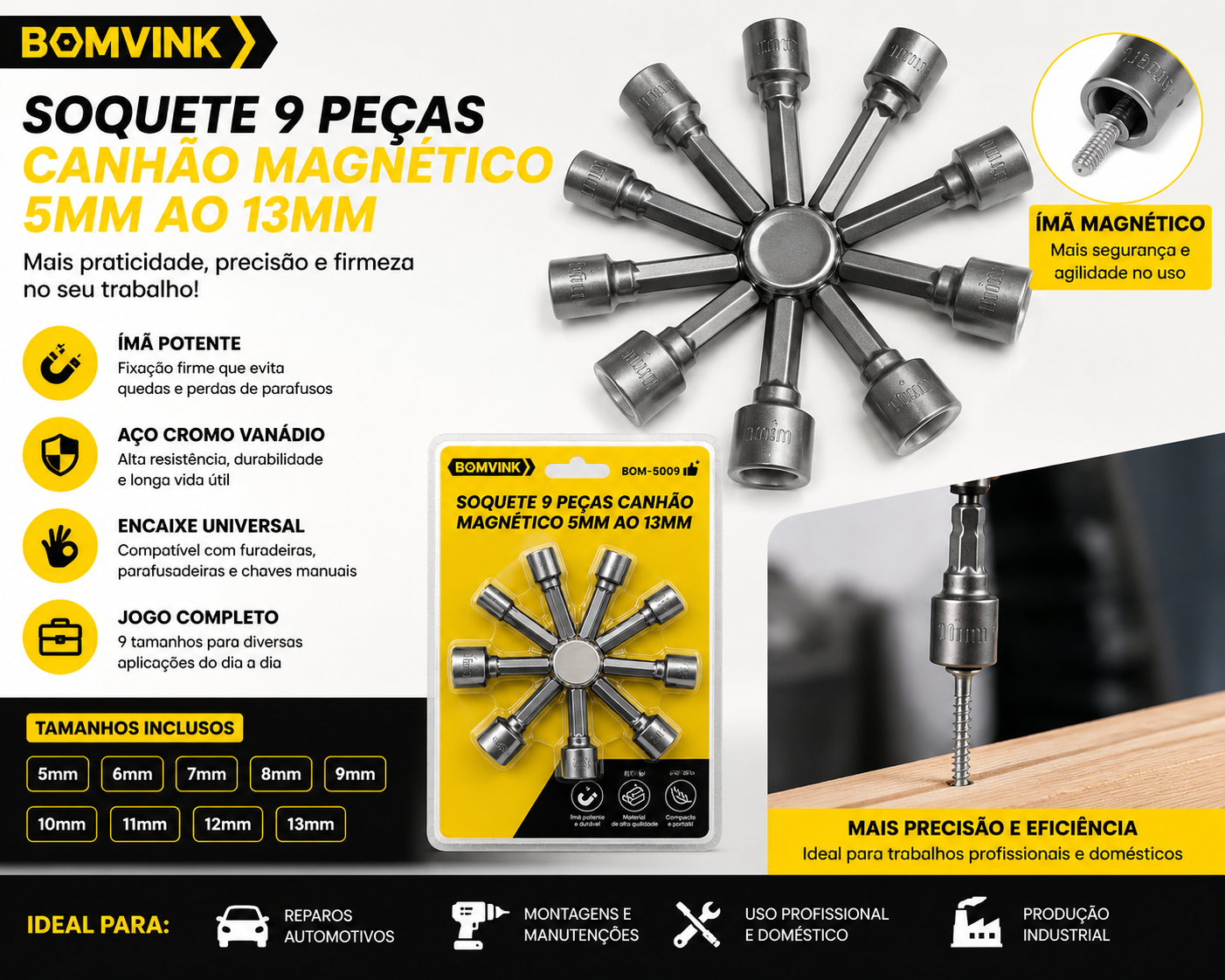 Soquete Canhão Magnético Sextavado 5mm a 13mm Bomvink - Imagem 4