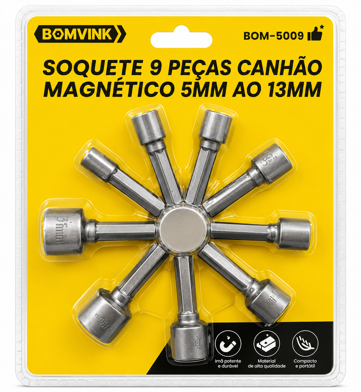 Soquete Canhão Magnético Sextavado 5mm a 13mm Bomvink