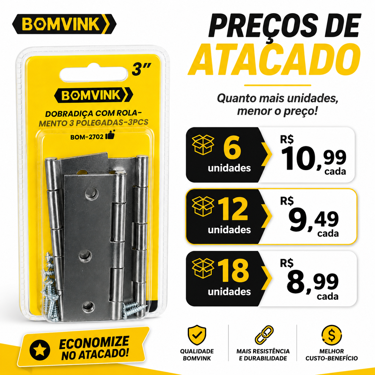 Dobradiça Inox Para Porta Com Rolamento 3" 3peças - Imagem 2