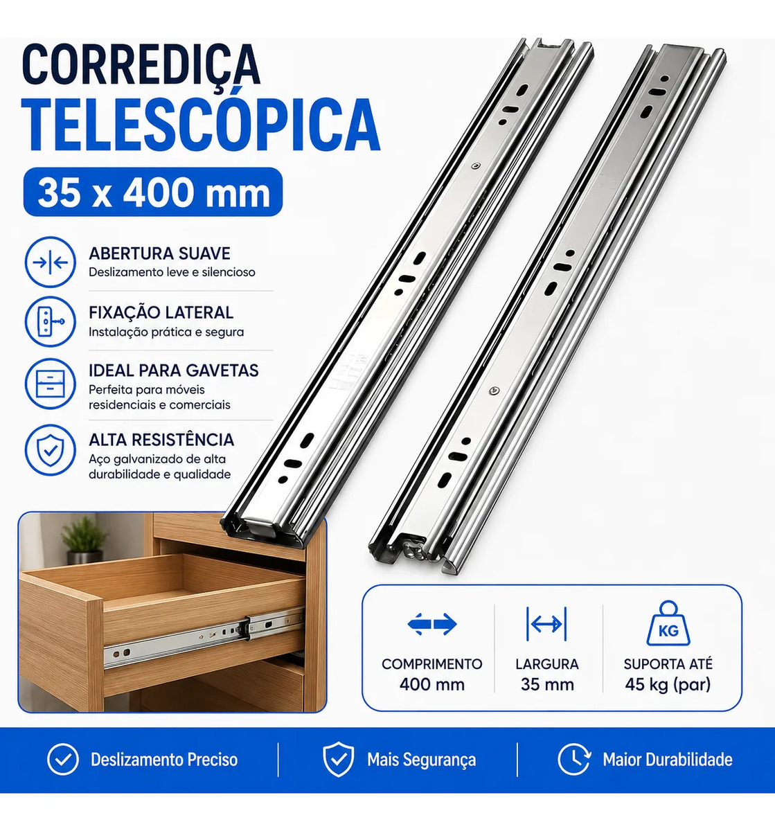 Corrediça Telescópica Para Gaveta 35x400mm - Imagem 2