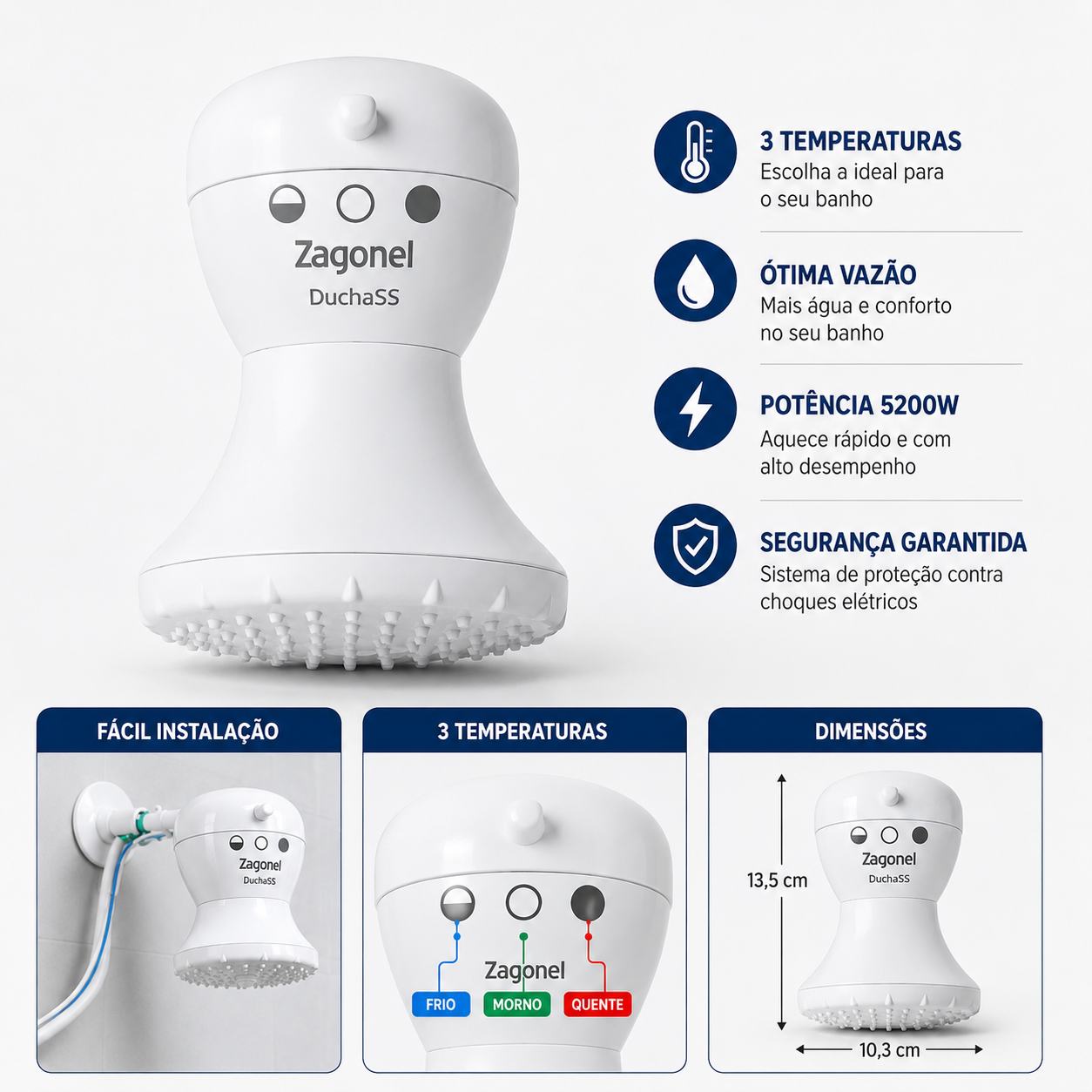 Ducha SS Zagonel 5200w 220w 3 Temp - Imagem 2