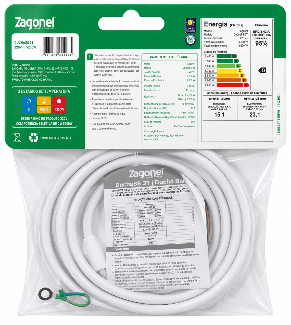Ducha SS Zagonel 5200w 220w 3 Temp - Imagem 3
