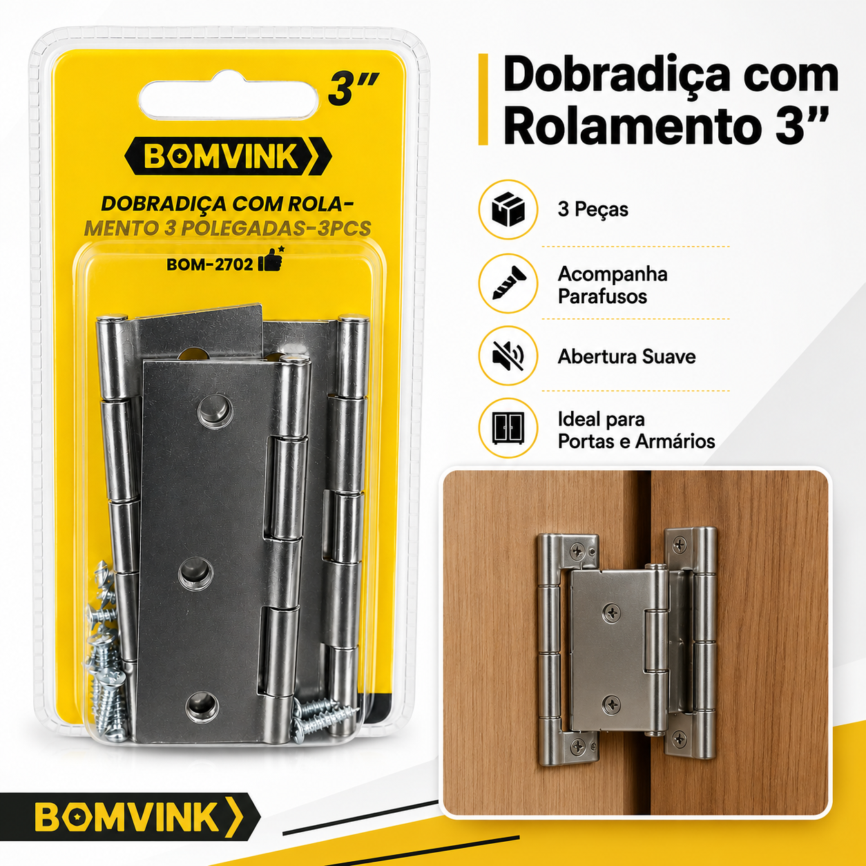 Dobradiça Inox Para Porta Com Rolamento 3" 3peças - Imagem 3