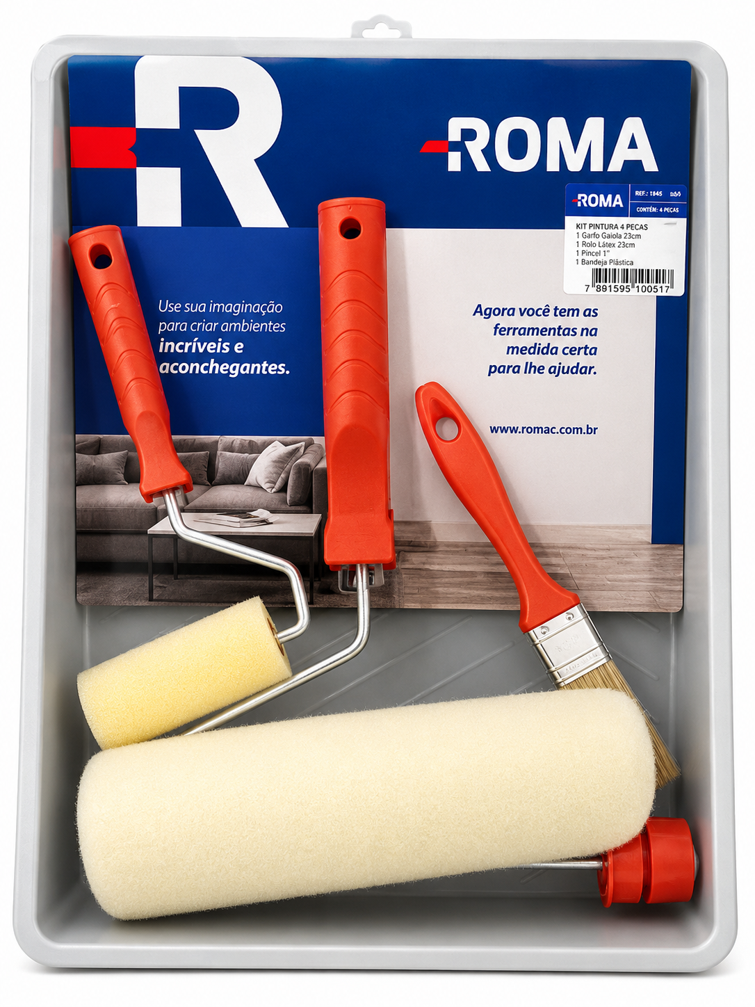 Kit Pintura Roma 5 peças 1 Bandeja, 1 Cabo, 1Rolo de lã, 1 Rolo de espuma e 1 Trincha
