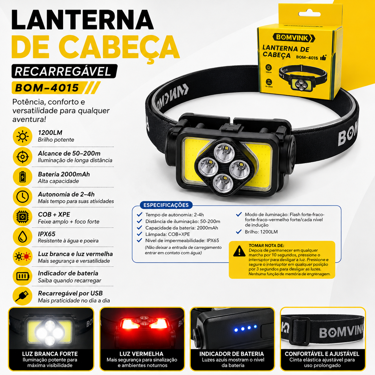 Lanterna De Cabeça Recarregável Bomvink BOM-4015 - Imagem 3