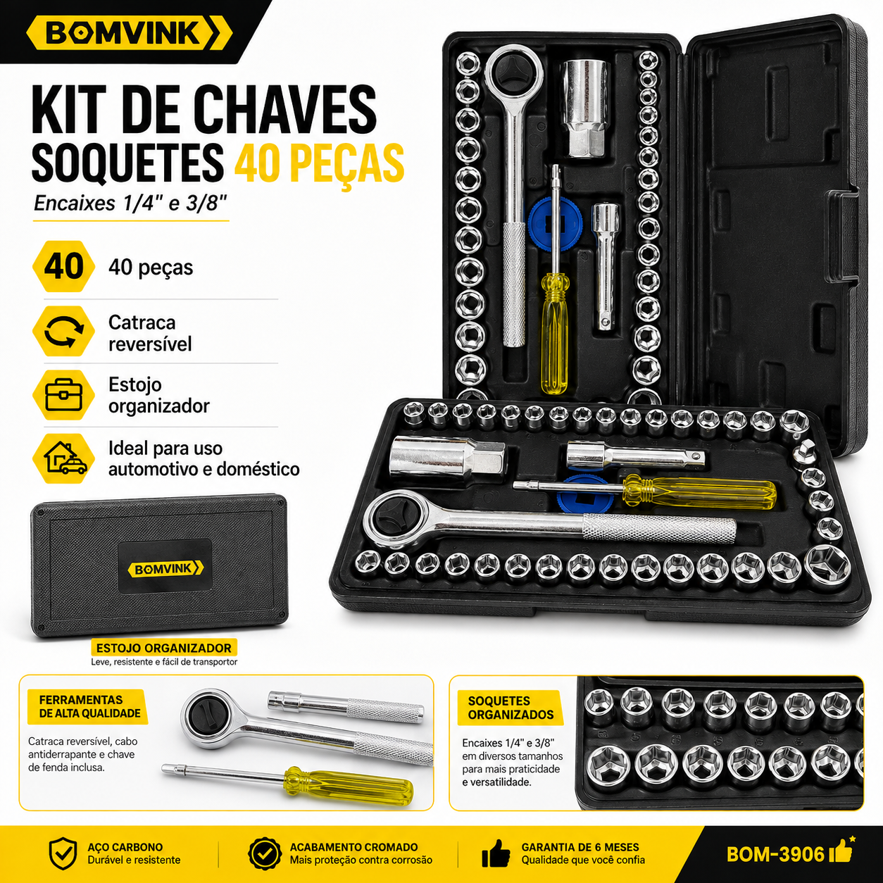 Kit 40pçs Chave Catraca Reversível Com Maleta 1/4 E 3/8 - Imagem 2
