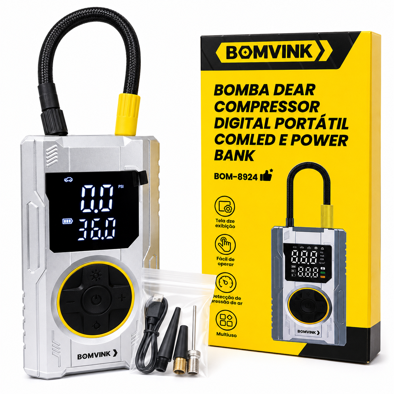 Compressor De Ar Digital C/PowerBank Bom8924 - Imagem 4