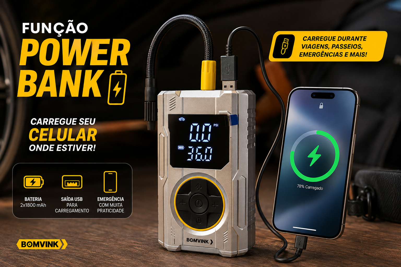 Compressor De Ar Digital C/PowerBank Bom8924 - Imagem 3