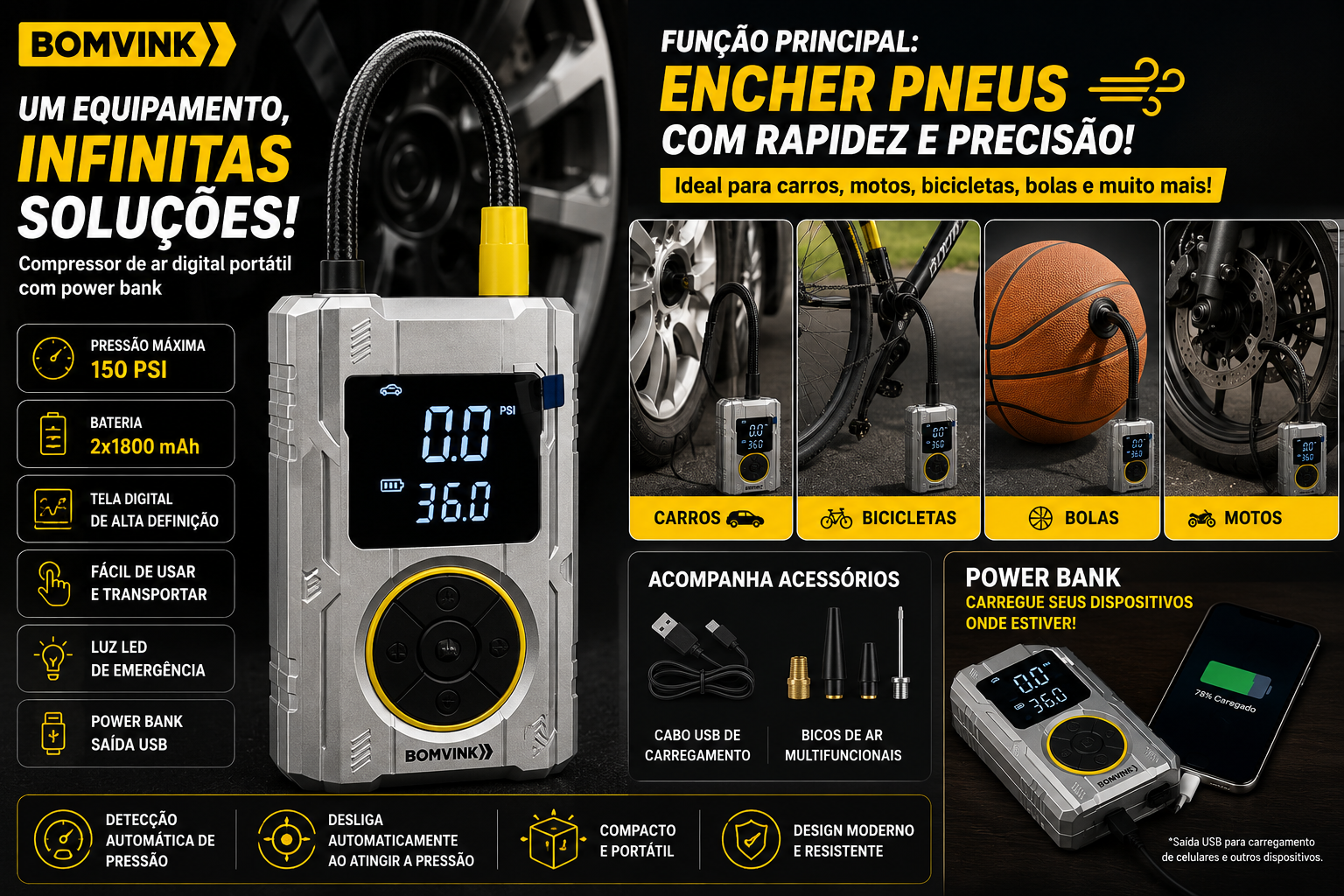 Compressor De Ar Digital C/PowerBank Bom8924 - Imagem 2